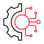 Gear and circuit board symbol, black and red. Represents technology and mechanical processes.