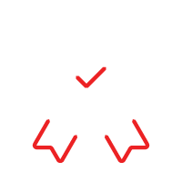Red checkmark above three red chevrons pointing outward.