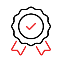 Badge with a red checkmark and ribbon, black outline with red accents, symbolizing quality assurance.
