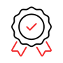 Badge with a red checkmark and ribbon, black outline with red accents, symbolizing quality assurance.