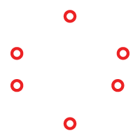 Six red circles arranged in a hexagonal shape on a white background.