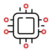 A black and red circuit board with six red circles, representing data.