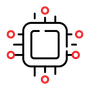 A black and red circuit board with six red circles, representing data.