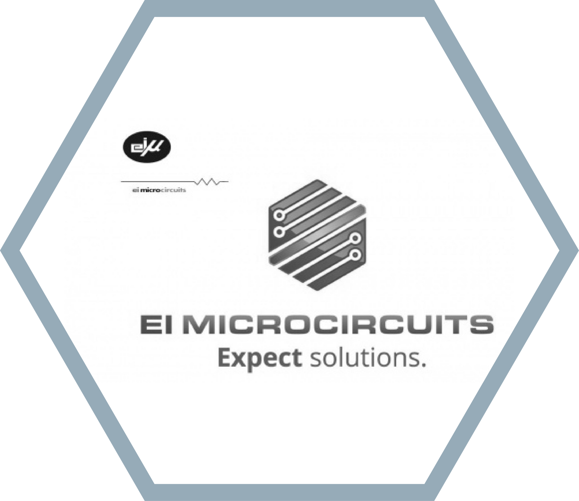 Logo for EI Microcircuits, featuring a circuit board design in a hexagon with text