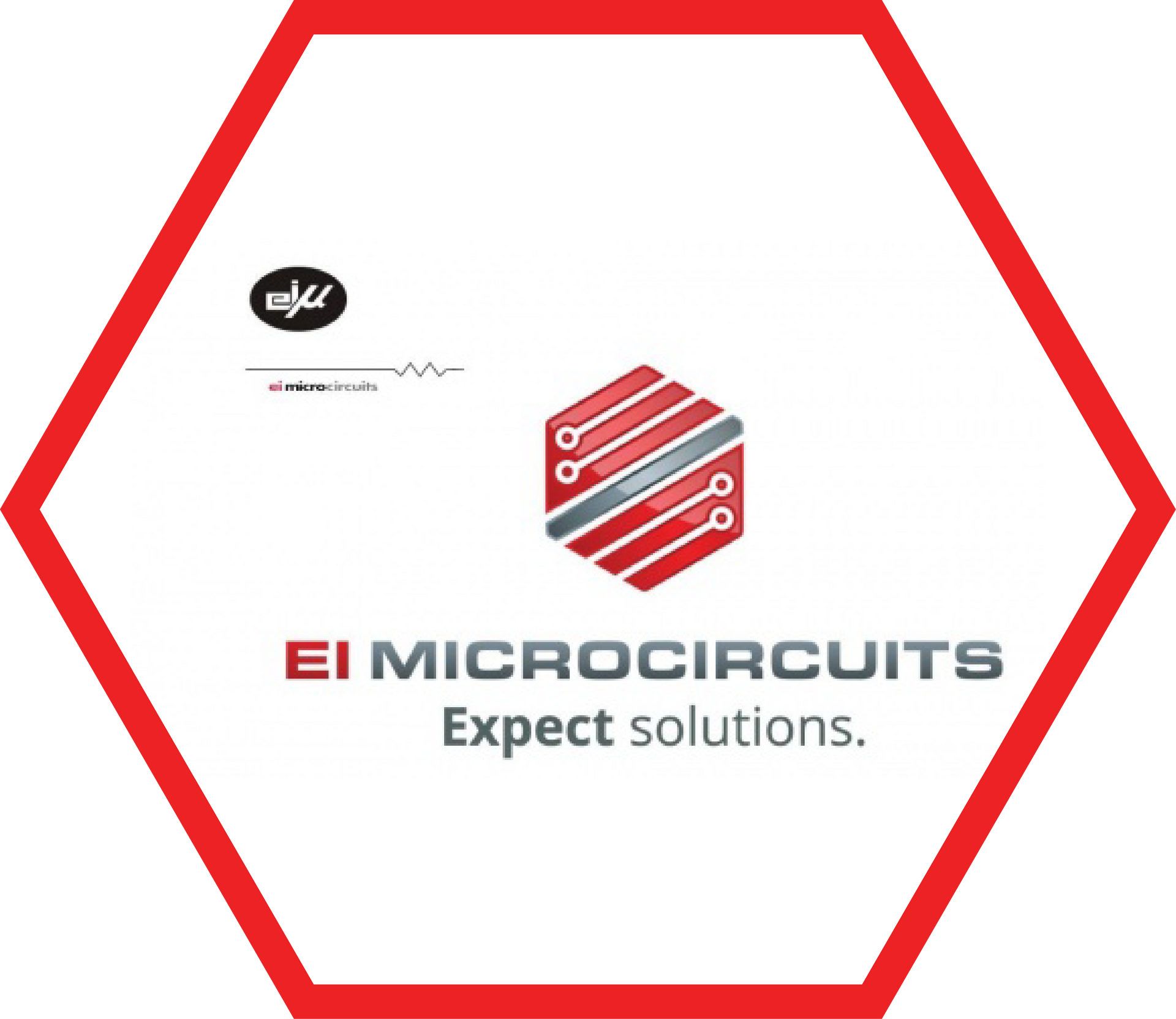 Logo for EI Microcircuits, a company, in a red hexagon; white background; red/gray circuit graphic; company name and tagline.