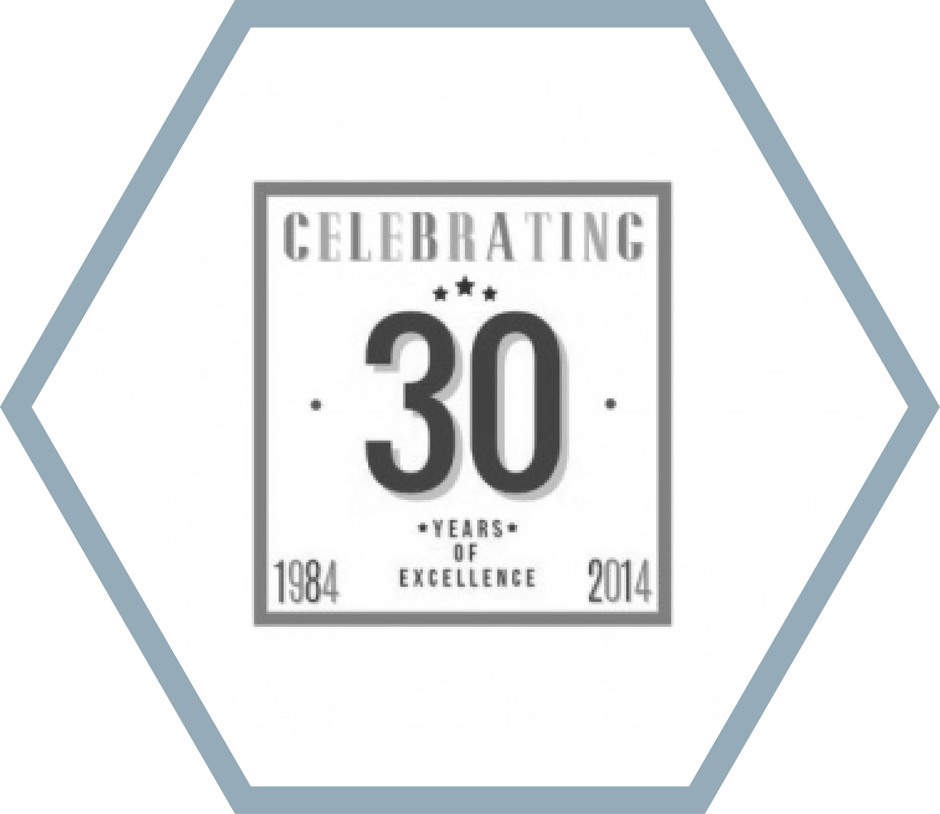 Logo celebrating 30 years of excellence, within a hexagon. Features text and dates: 1984-2014.