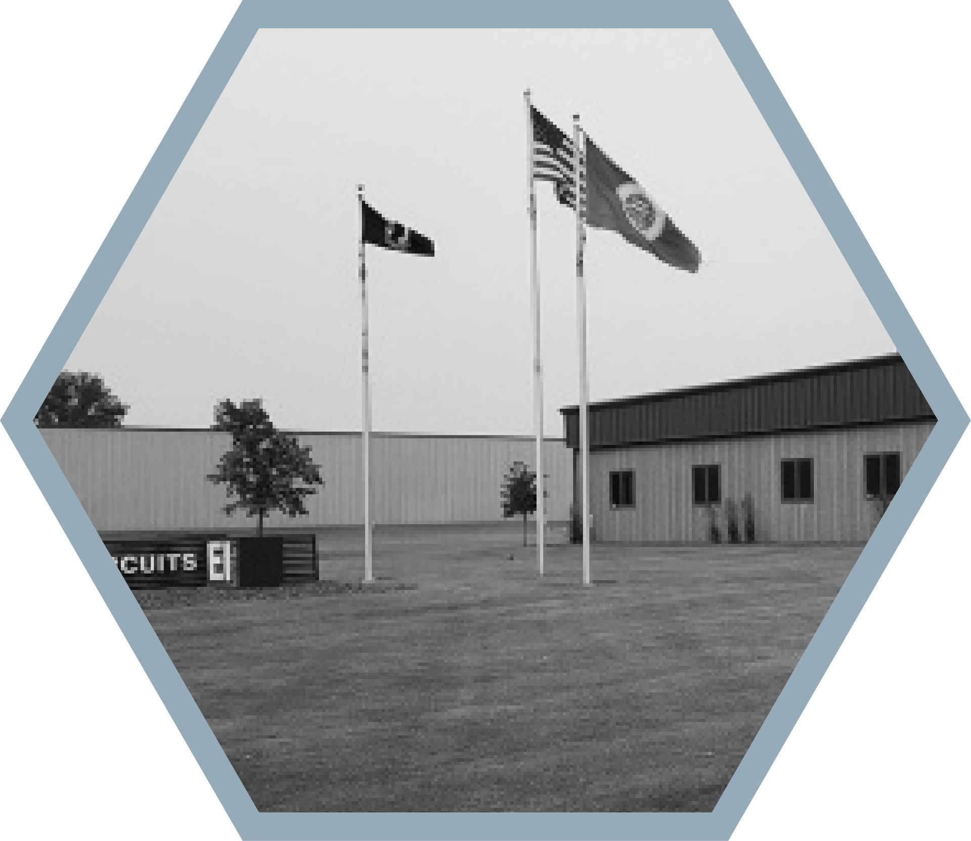 Black and white photo of a business exterior with flags. Grass, building, and a sign with
