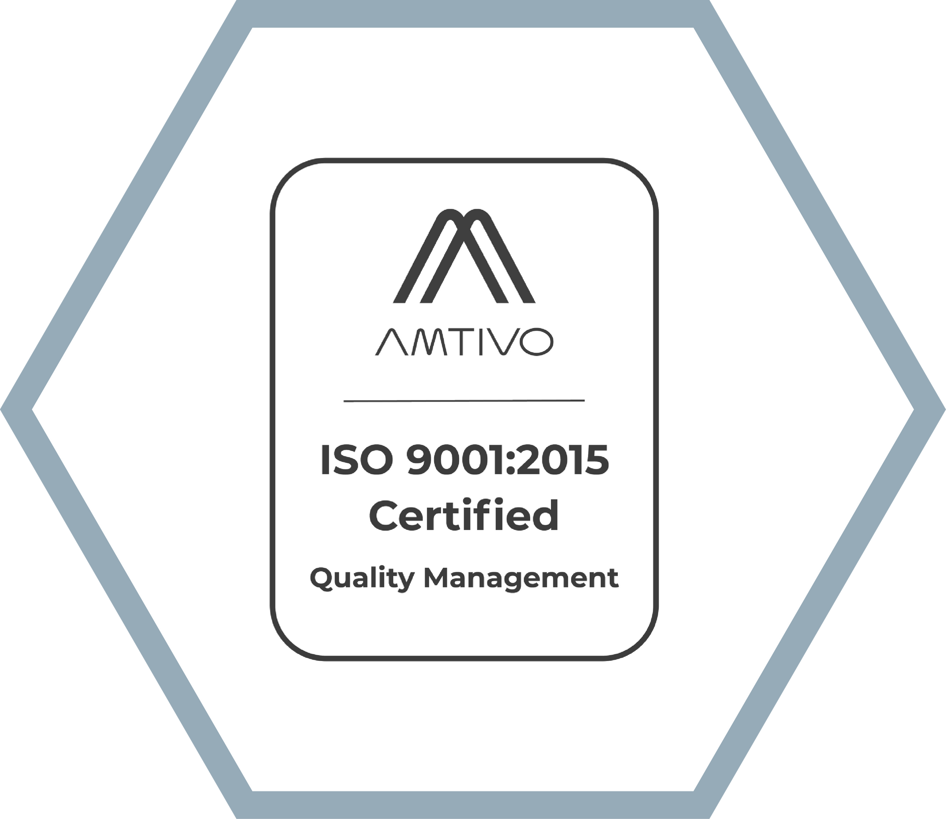 ISO 9001:2015 Certified logo within a hexagon. Includes