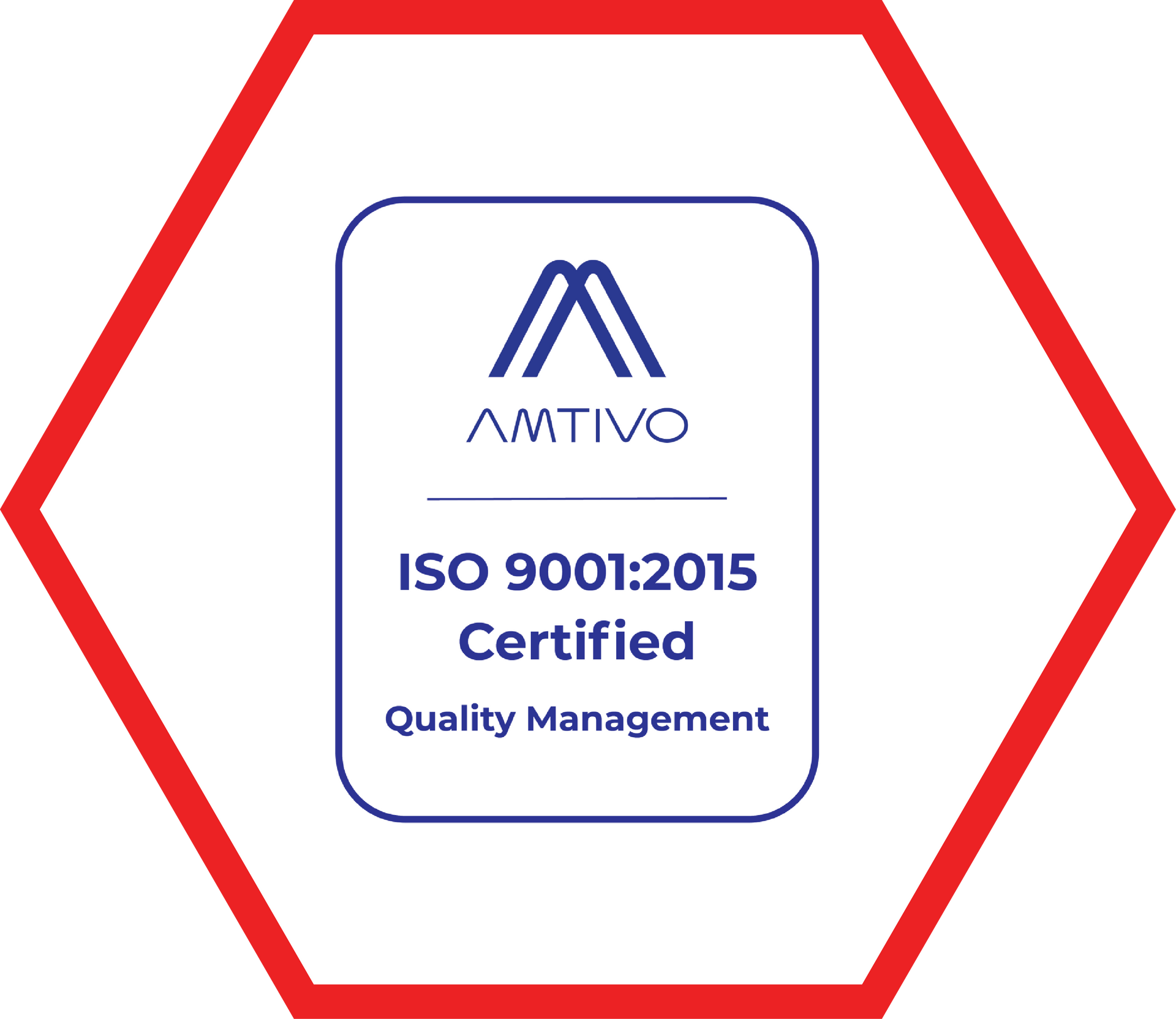 Red hexagonal frame with a blue and white logo inside;