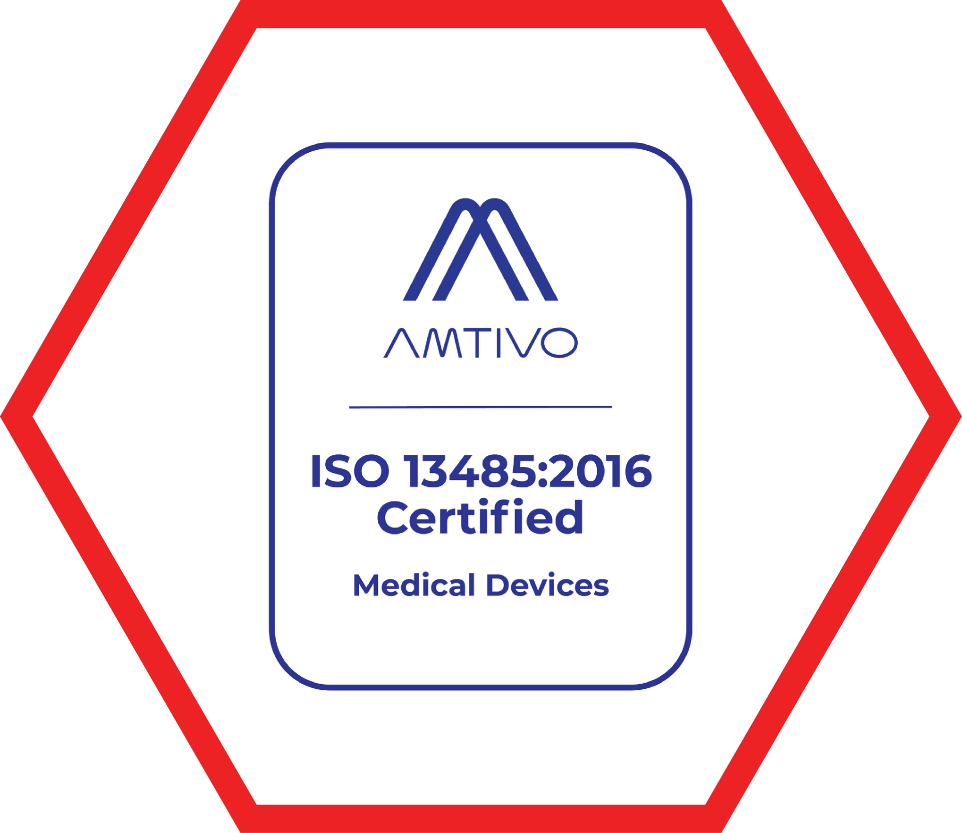 Red hexagonal frame around a blue square. The square shows the AMTIVO logo and