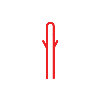 Red line art: a vertical stem-like shape with a rounded top and two small side branches.