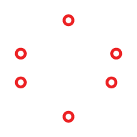Six red circles arranged in a hexagon shape on a white background.