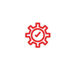 Red gear icon with a checkmark.