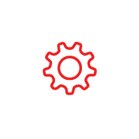 Red gear icon on white background.