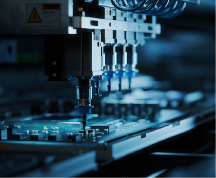 Robotic arm placing components on a circuit board in a factory setting.