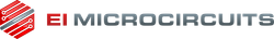 Logo for EI Microcircuits, red and silver hexagon design with text.