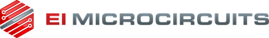 Logo for EI Microcircuits, red and silver hexagon design with text.