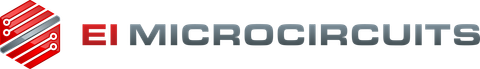 Logo for EI Microcircuits, red and silver hexagon design with text.