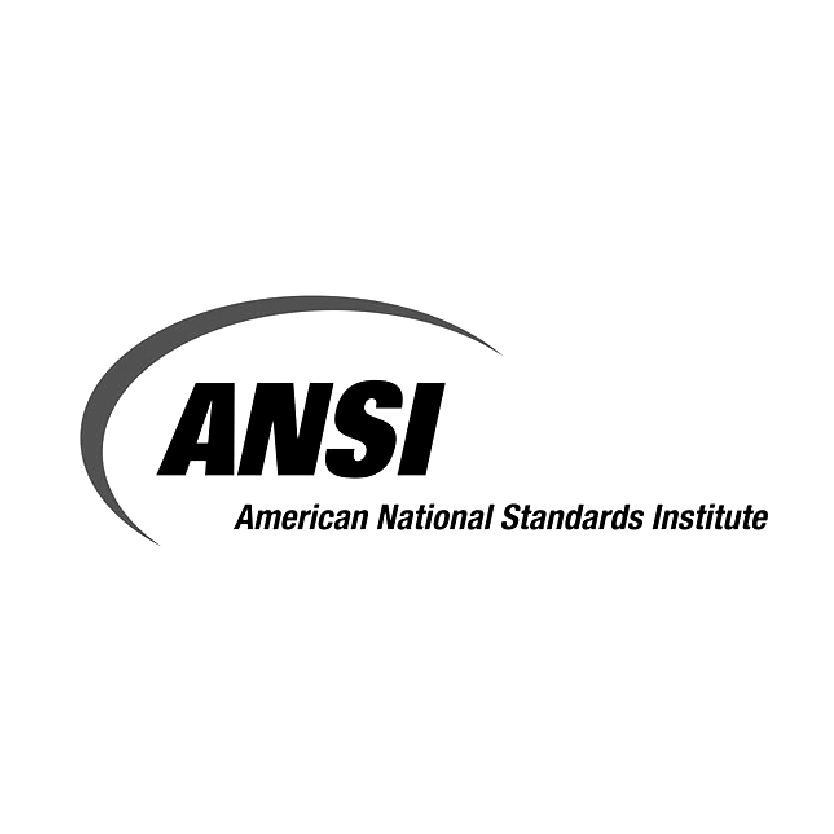 ANSI logo with arched gray line above "ANSI" in bold black letters, and "American National Standards Institute" below.