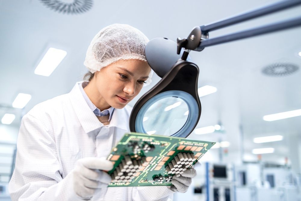 A woman is looking at a circuit board with a magnifying glass.