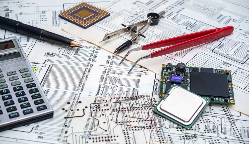 Circuit board components, calculator, pen, compass, tweezers, on circuit diagrams.