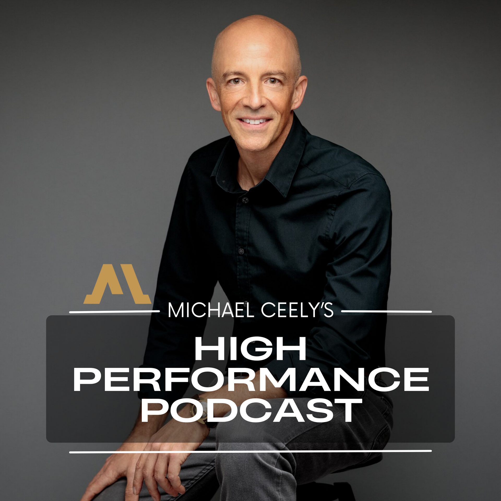 A man sitting in front of a sign that says Michael Ceely 's high performance podcast