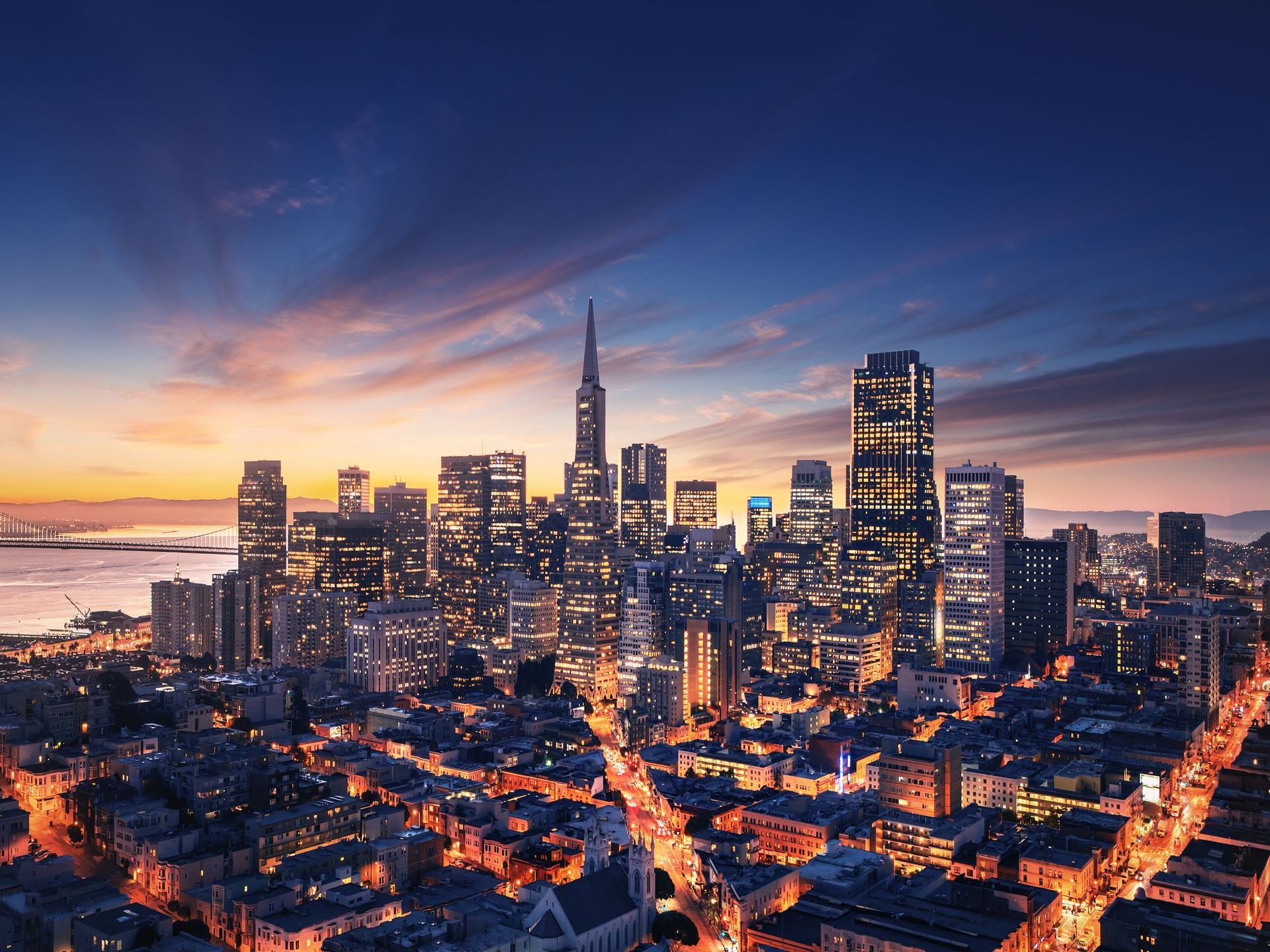 San Francisco skyline at sunset.