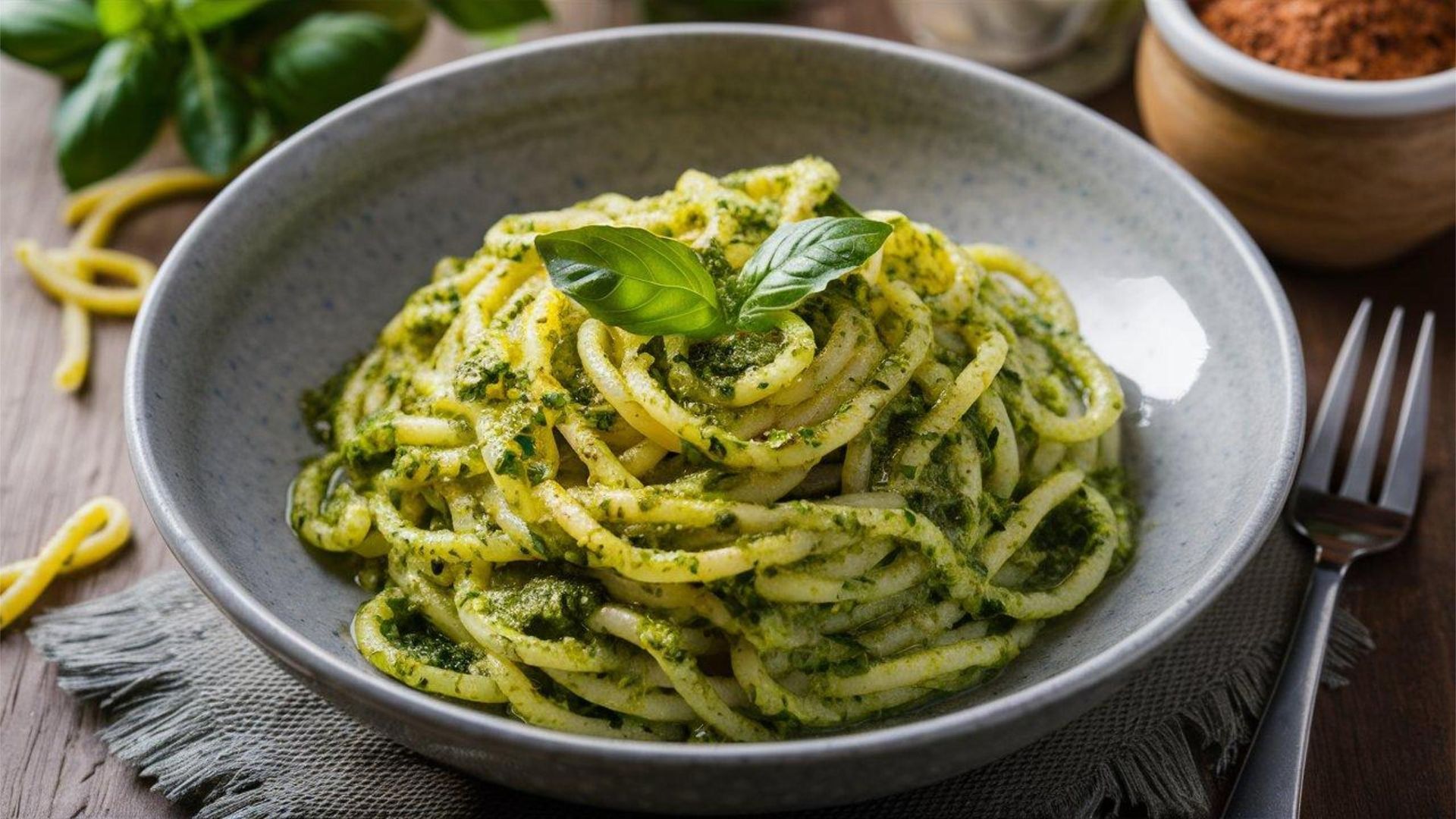 A Bowl of Spaghetti With Pesto Sauce and Basil on a Table With a Fork — Mumbo's Pizza'n'Pasta In Lismore, NSW