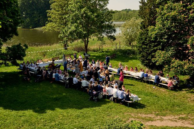 Eine Gruppe von Menschen feiert eine Hochzeit am See bei schönsten Sonnenstrahlen. Der Hochzeitsfotograf Berlin.