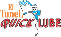El Tunel Quick Lube logo: cartoon oil gun with smiling face, checkered flag, and oil drop, in red, orange, and blue.