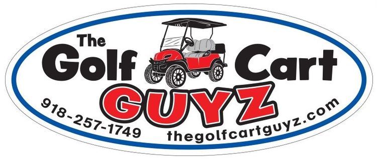 A logo for the golf cart guyz with a golf cart on it.