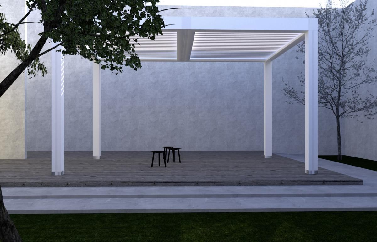 Pergola bianca con tetto retrattile su una terrazza in legno, posti a sedere all'aperto, circondata da alberi.