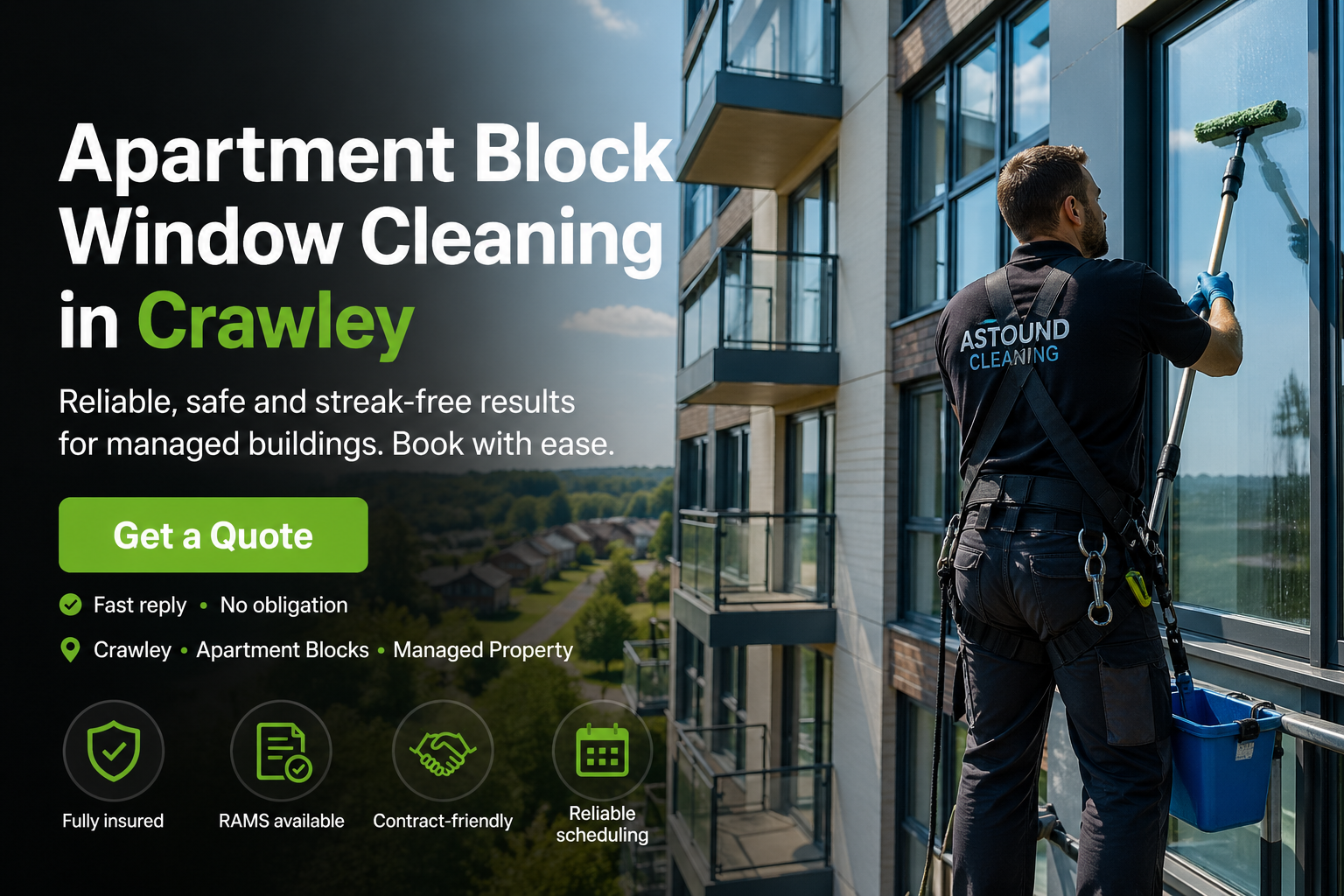 Astound Cleaning operative pure-water-pole window cleaning at apartment block property in Crawley &mdash; branded uniform, RAMS-compliant access.