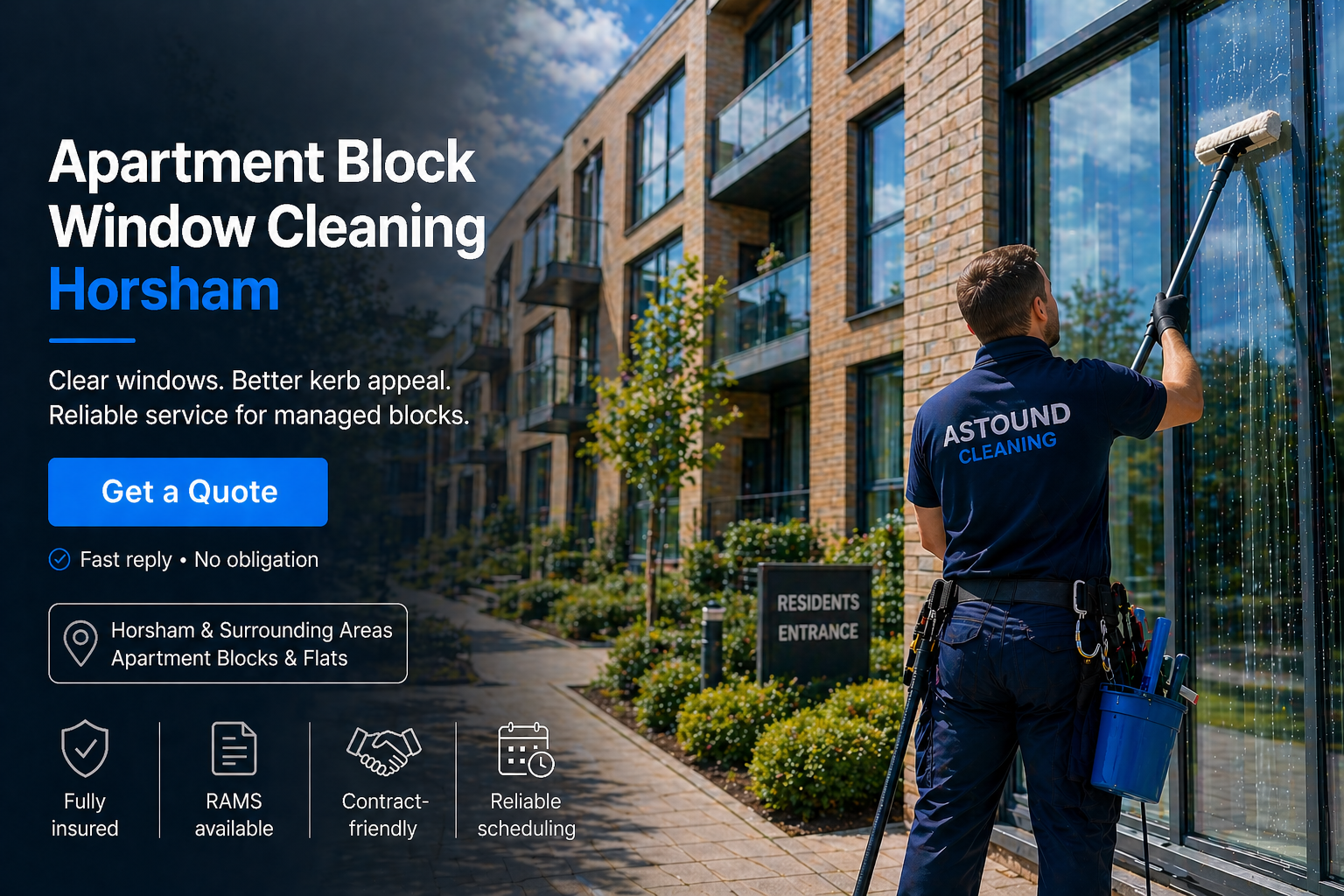 Astound Cleaning operative pure-water-pole window cleaning at apartment block property in Horsham — branded uniform, RAMS-compliant access.