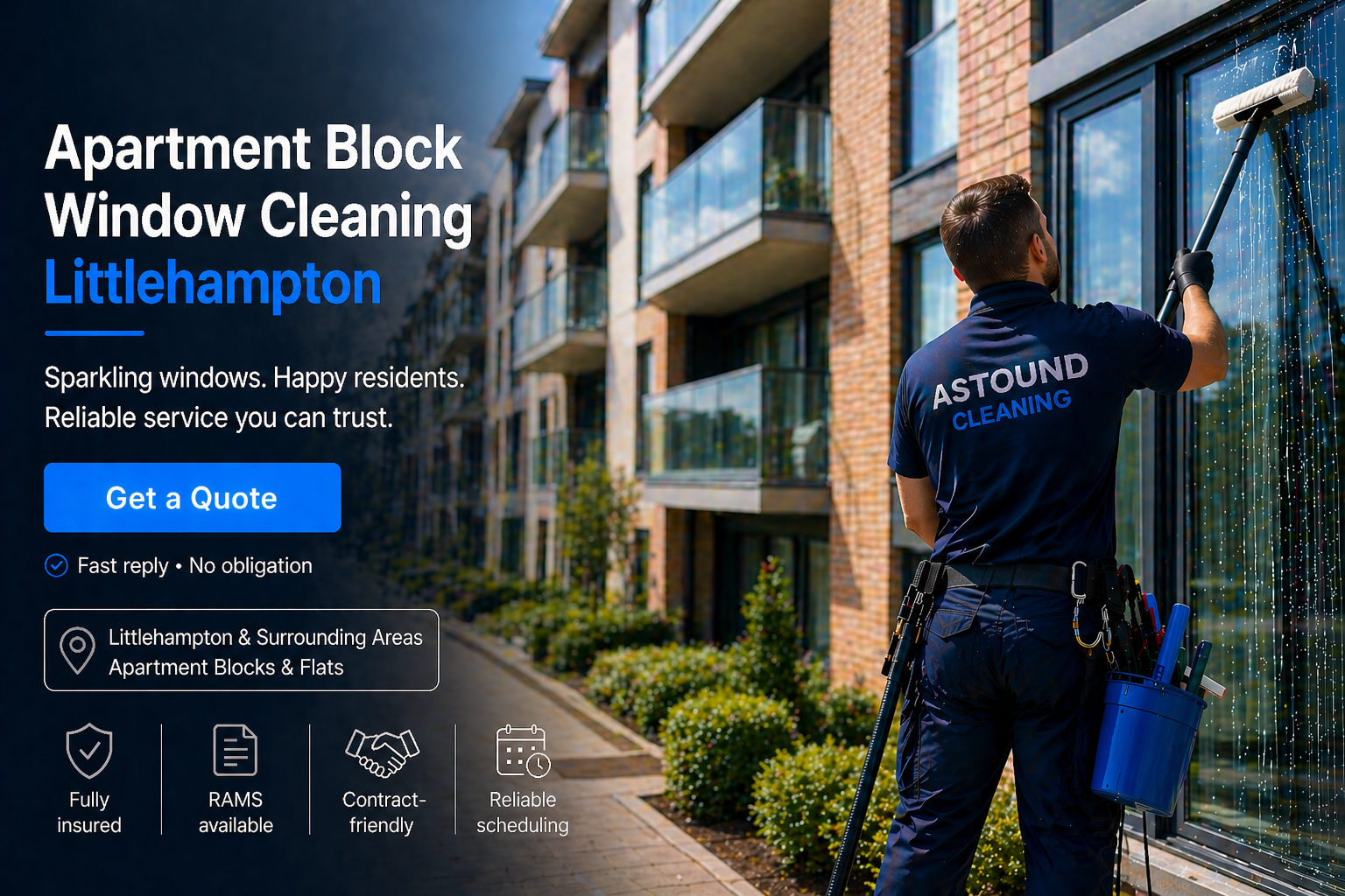 Astound Cleaning operative pure-water-pole window cleaning at apartment block property in Littlehampton — branded uniform, RAMS-compliant access.