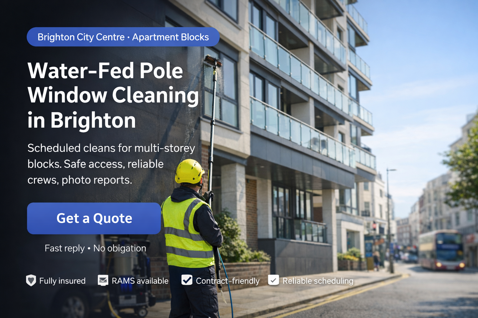 Apartment block window cleaner using water-fed pole equipment to clean multi-storey residential building facade in Brighton city centre