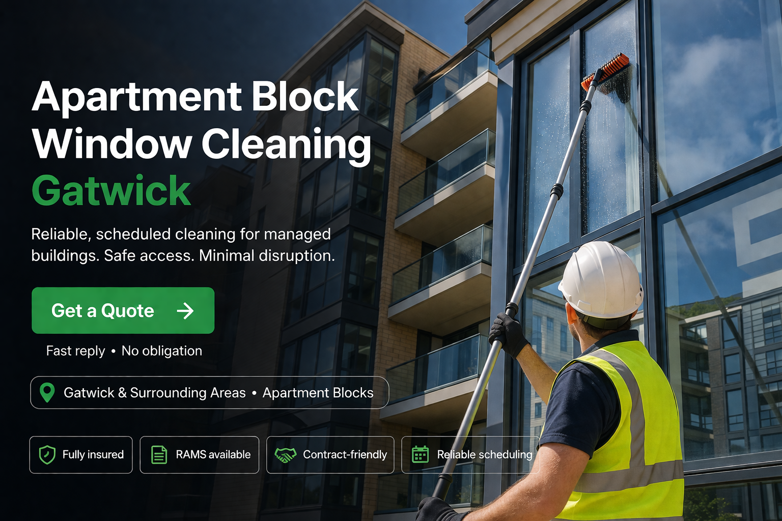 Astound Cleaning operative pure-water-pole window cleaning at apartment block property in Gatwick &mdash; branded uniform, RAMS-compliant access.