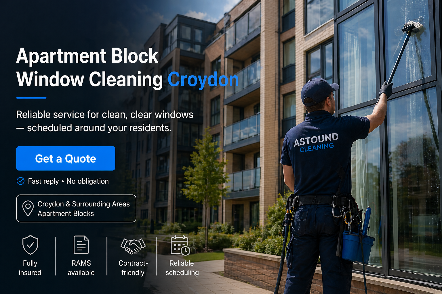 Astound Cleaning operative pure-water-pole window cleaning at apartment block property in Croydon — branded uniform, RAMS-compliant access.