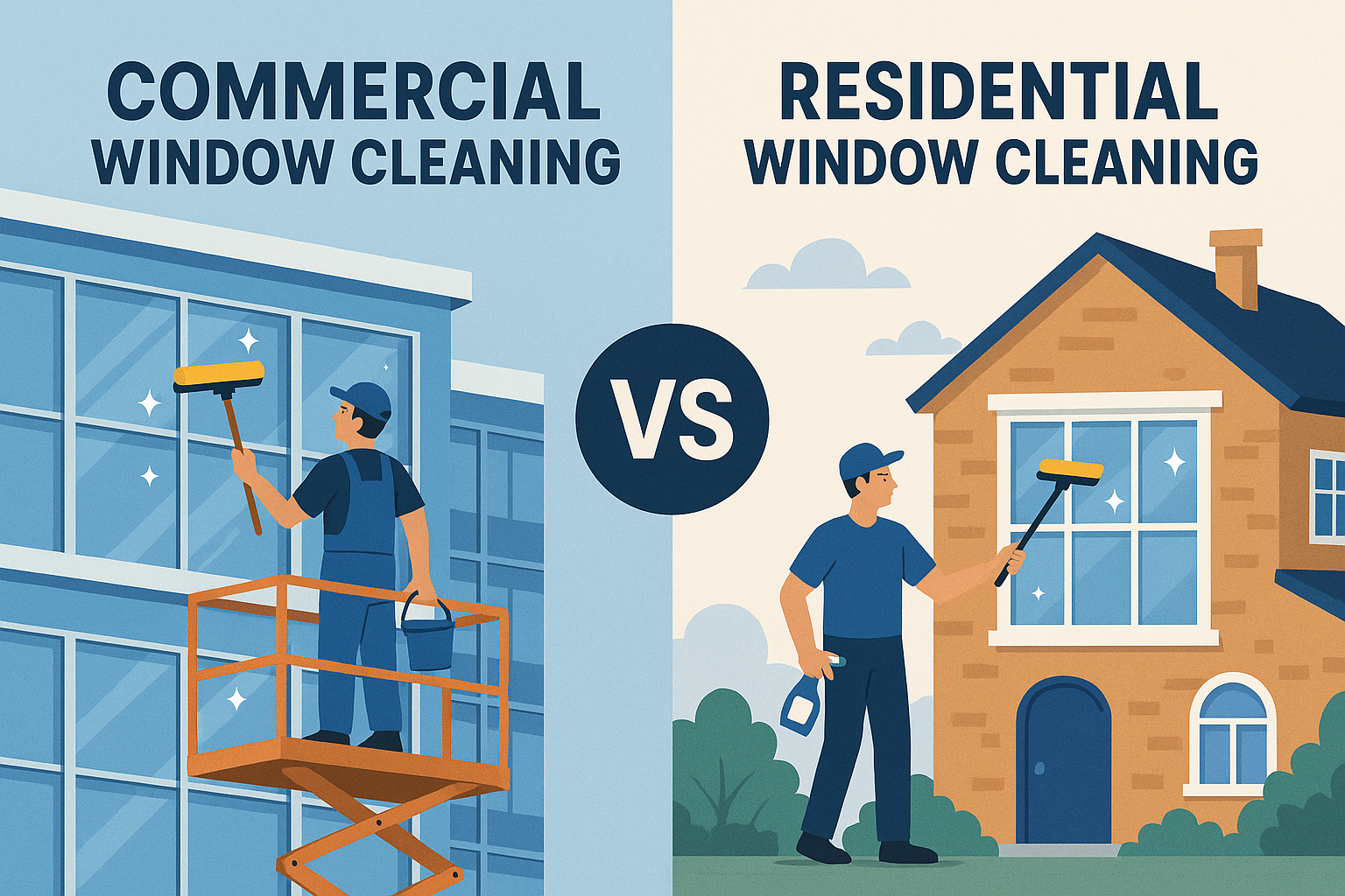 Commercial Window Cleaning vs Residential window cleaning image with one man each side cleaning wind