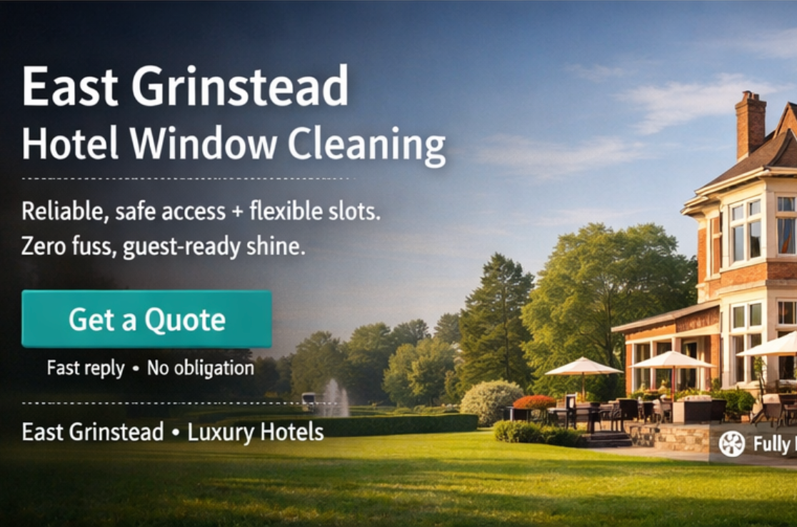 Pristine windows of East Grinstead luxury hotel with grounds visible