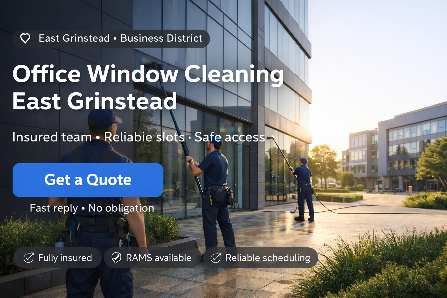 Professional window cleaning of modern office building in East Grinstead business district