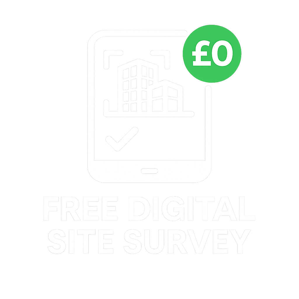 Free digital site survey icon in white with zero pound cost in green