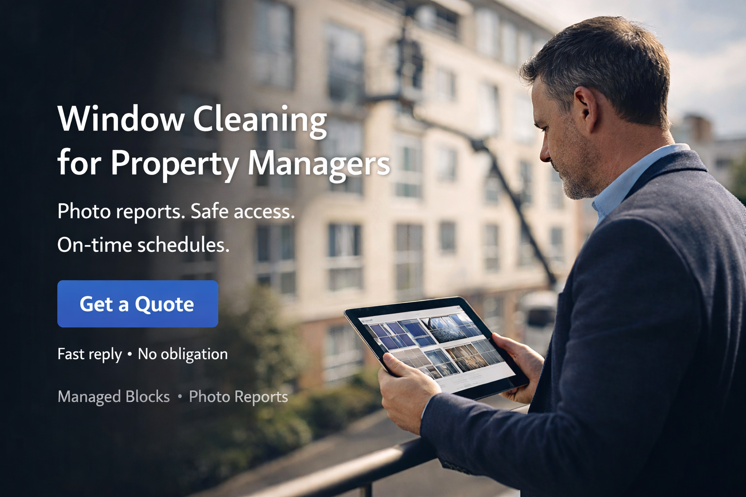 Property manager reviewing photo report documentation of completed window cleaning work across residential apartment building