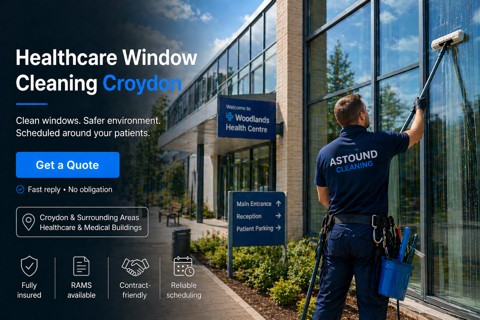 Astound Cleaning operative pure-water-pole window cleaning at healthcare property in Croydon — branded uniform, RAMS-compliant access.