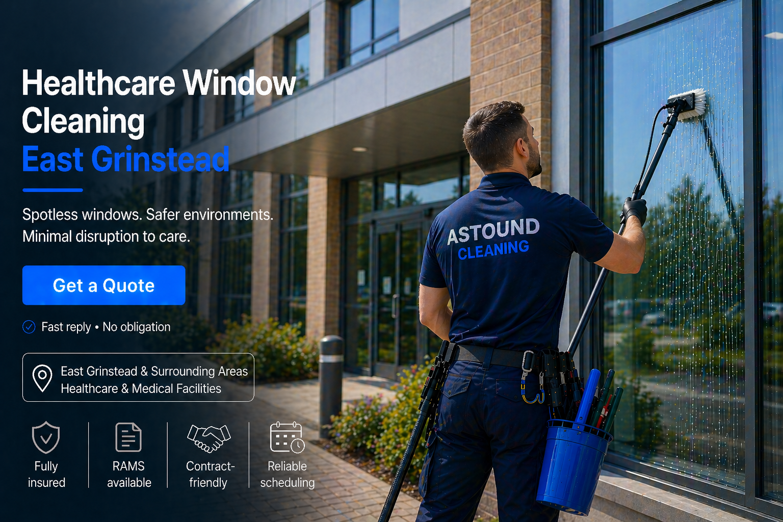 Astound Cleaning operative pure-water-pole window cleaning at healthcare property in East Grinstead &mdash; branded uniform, RAMS-compliant access.