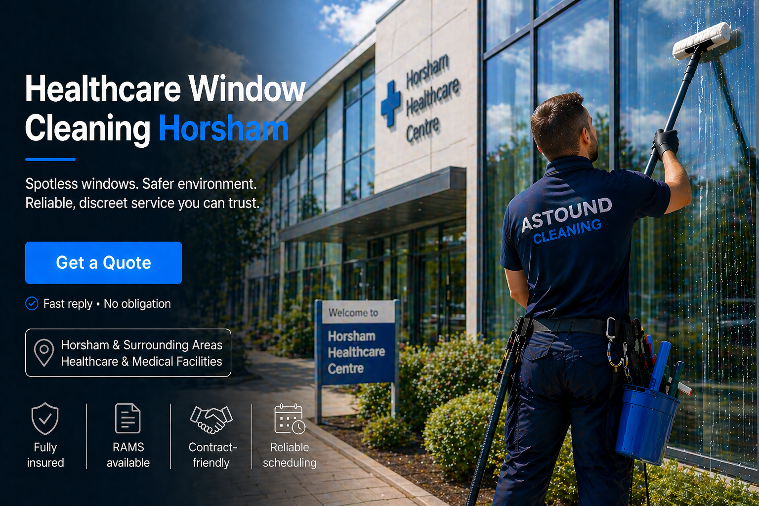 Astound Cleaning operative pure-water-pole window cleaning at healthcare property in Horsham — branded uniform, RAMS-compliant access.