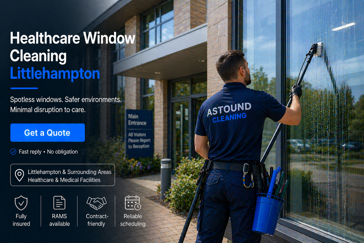 Astound Cleaning operative pure-water-pole window cleaning at healthcare property in Littlehampton — branded uniform, RAMS-compliant access.