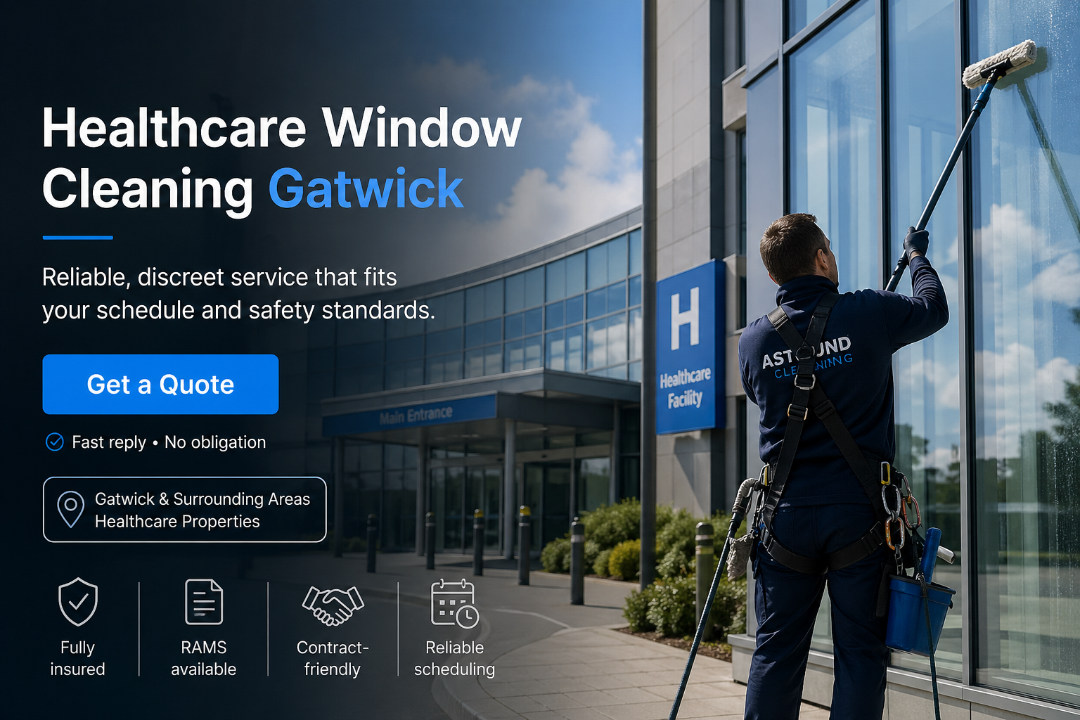 Astound Cleaning operative pure-water-pole window cleaning at healthcare property in Gatwick &mdash; branded uniform, RAMS-compliant access.