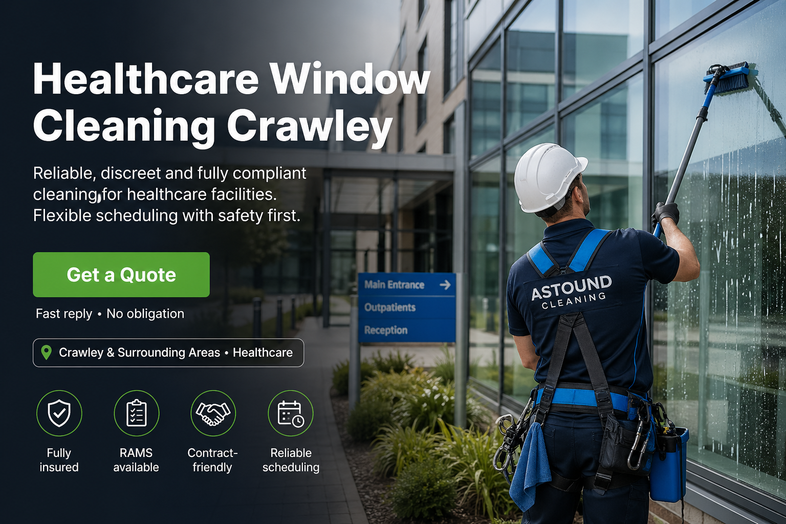 Astound Cleaning operative pure-water-pole window cleaning at healthcare property in Crawley &mdash; branded uniform, RAMS-compliant access.