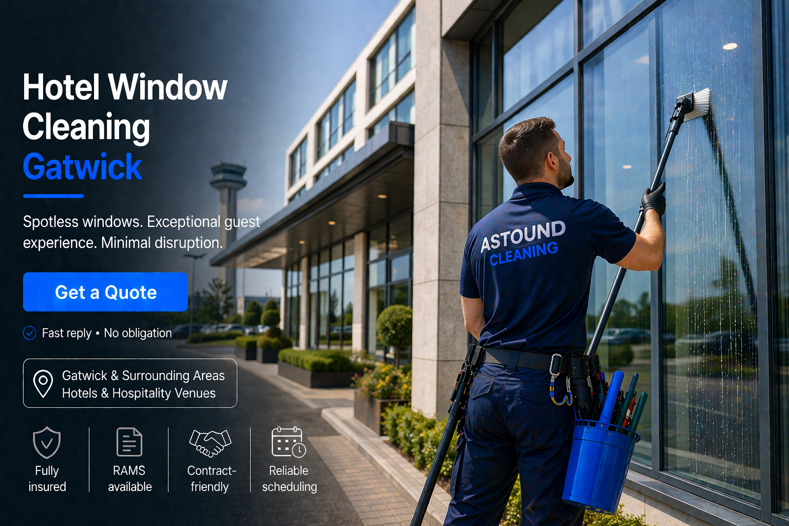 Astound Cleaning operative pure-water-pole window cleaning at hotel property in Gatwick — branded uniform, RAMS-compliant access.